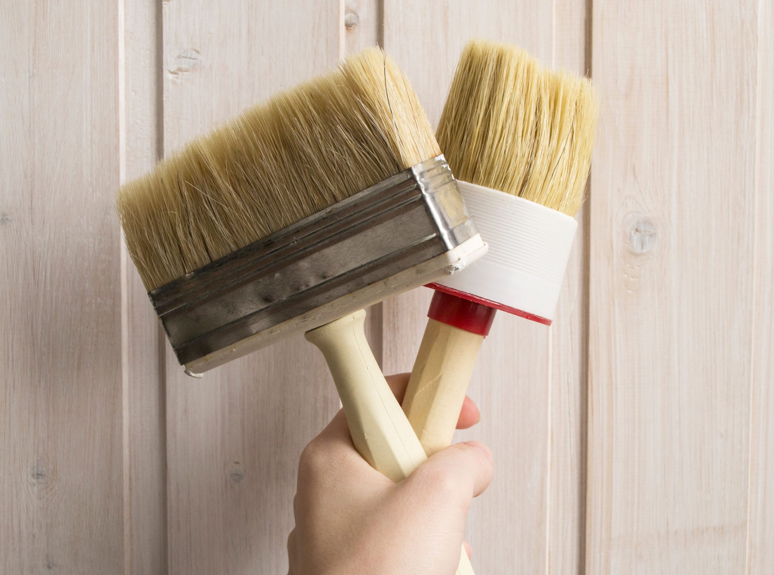 Mains tenant deux pinceaux de peinture